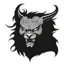 A blackwork tattoo design featuring a fierce oni mask with a cat and dog intertwined in the background tattoo design idea