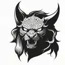 A blackwork tattoo design featuring a fierce oni mask with a cat and dog intertwined in the background tattoo design idea