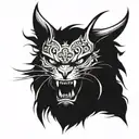 A blackwork tattoo design featuring a fierce oni mask with a cat and dog intertwined in the background tattoo design idea