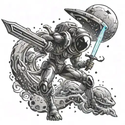 A cosmic space explorer wielding a glowing energy sword, with alien creatures inspired by video game monsters tattoo design idea