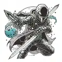 A cosmic space explorer wielding a glowing energy sword, with alien creatures inspired by video game monsters tattoo design idea