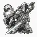 A cosmic space explorer wielding a glowing energy sword, with alien creatures inspired by video game monsters tattoo design idea