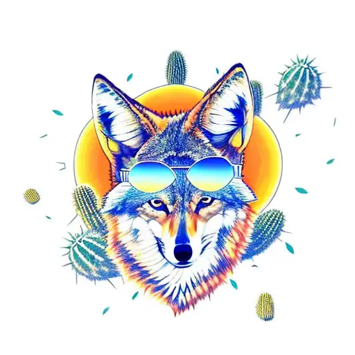 Cool coyote wearing sunglasses napoing under a saguaro with a sunset background tattoo design idea