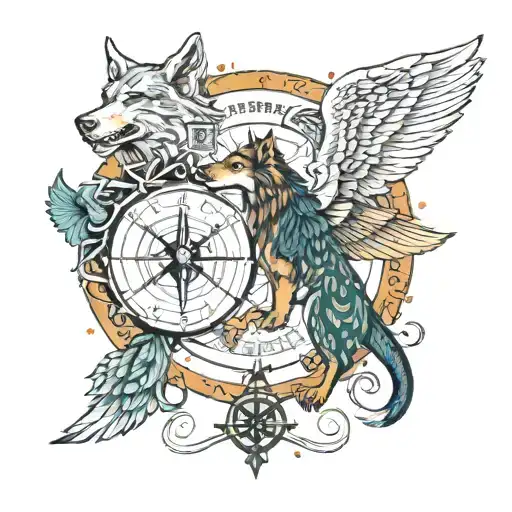 oden, world serpent, wolf, hawk flying, norse compass tattoo design idea