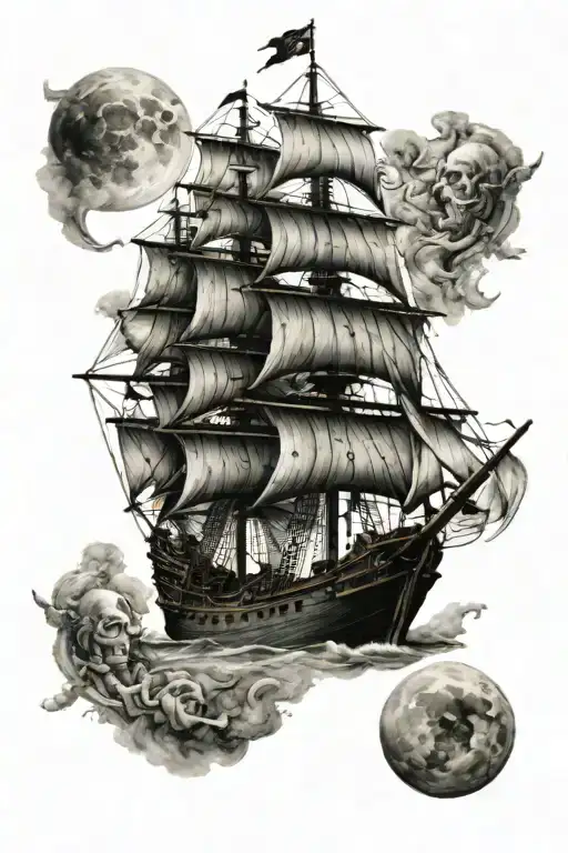 Pirate Ship with Moon phases tattoo design idea