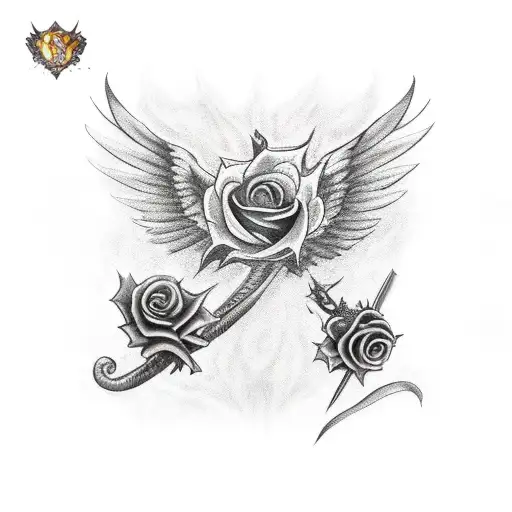 arm Dragon with wings and sword with his mouth and a Rose tattoo design idea