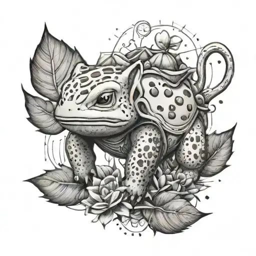 A dotwork tattoo of a Bulbasaur surrounded by various landscaping tools tattoo design idea