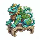 a purple, blue, and green foo dog for the hand tattoo tattoo design idea