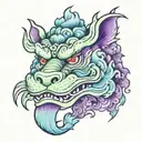 a purple, blue, and green foo dog head for the hand tattoo tattoo design idea