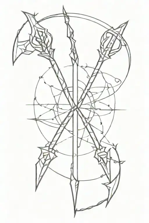 a trident a mace and bow arrow fused together tattoo design idea