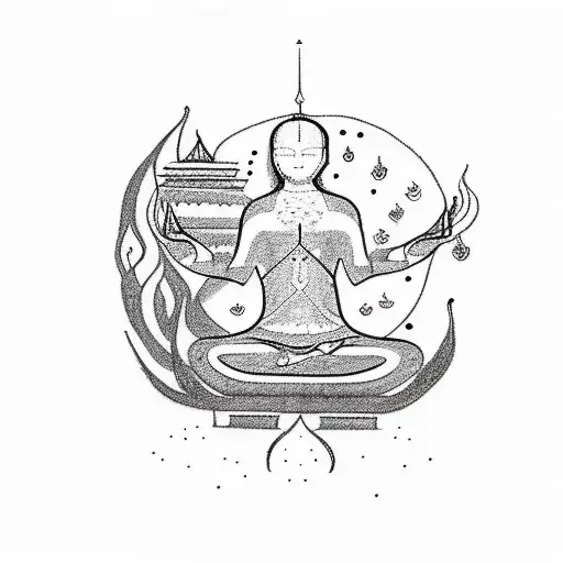 A minimalistic sketch of a person meditating in solitude with persian writing saying Alone tattoo design idea