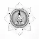 A minimalistic sketch of a person meditating in solitude with persian writing saying Alone tattoo design idea