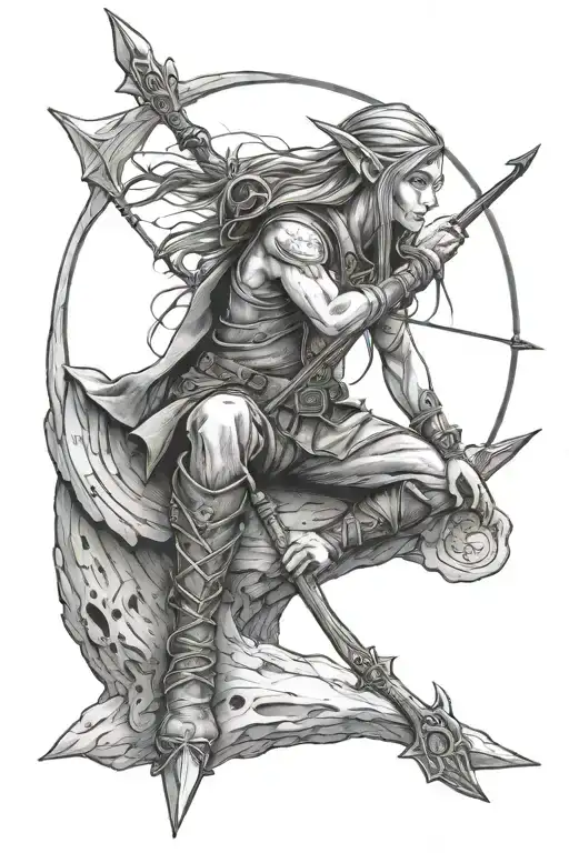 Wood elf sitting on a moon with bow and arrow tattoo design idea