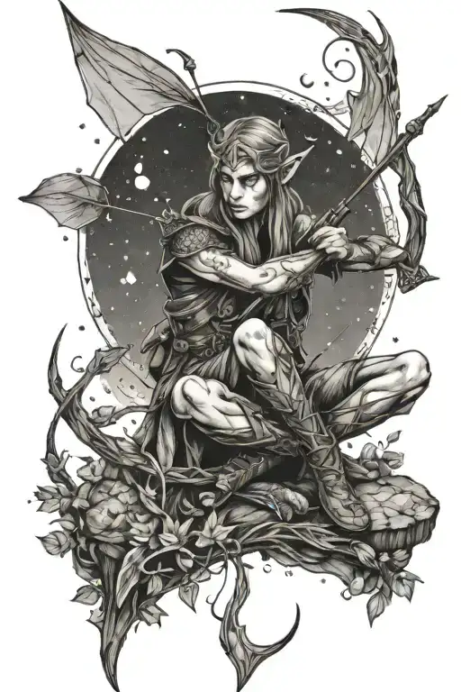 Wood elf sitting under a moon with bow and arrow tattoo design idea