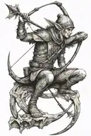Wood elf sitting on a moon with bow and arrow tattoo design idea