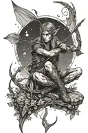 Wood elf sitting under a moon with bow and arrow tattoo design idea