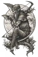 Wood elf sitting under a moon with bow and arrow tattoo design idea