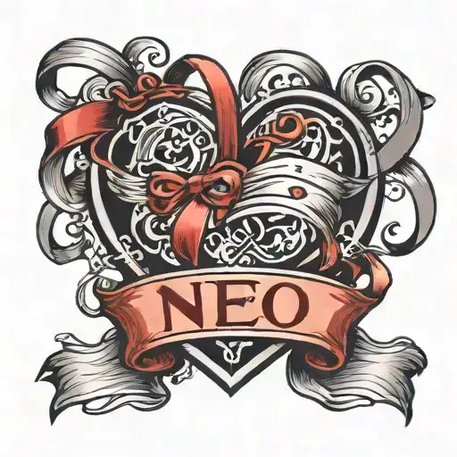 heart with three ribbons over each containing a name tattoo design idea