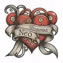 heart with three ribbons over each containing a name tattoo design idea