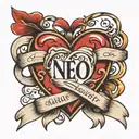 heart with three ribbons over each containing a name tattoo design idea