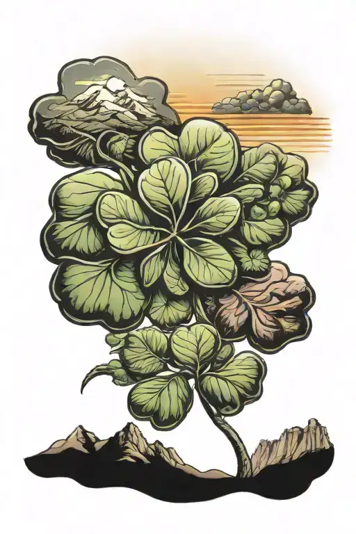 sierra nevada mountains desert sunset sky with four leaf clover and number 7 tattoo design idea