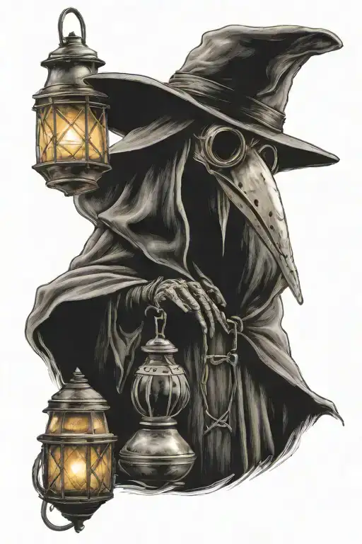plague doctor holding a lantern and lettering "the doctor shnabel von rom" tattoo design idea