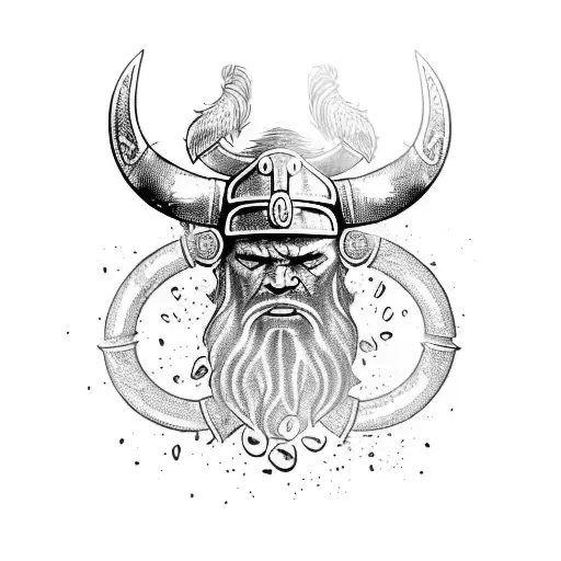 A fierce Viking head with horned helmet, surrounded by alcohol-themed elements like droplets of liquid and barrels. The  tattoo design idea