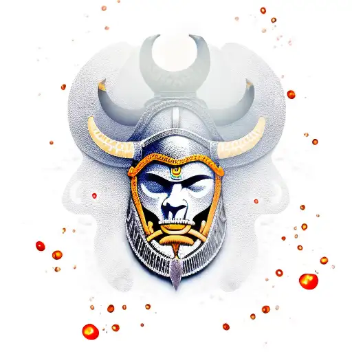 A fierce Viking head with horned helmet, surrounded by alcohol-themed elements like droplets of liquid and barrels. The  tattoo design idea