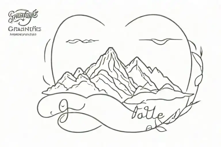 Delicate and small Fine line tattoo of mountains with the word gratitude under it and a cross in the T tattoo design idea