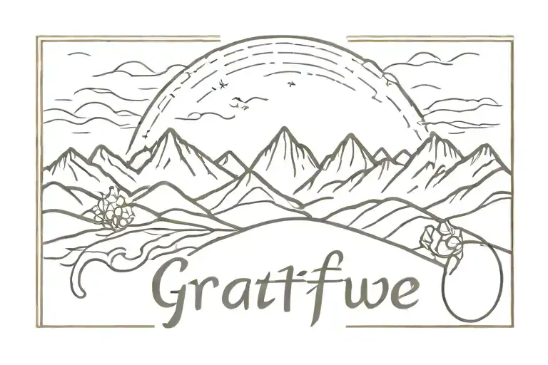 Delicate and small Fine line tattoo of mountains with the word gratitude under it and a cross  tattoo design idea
