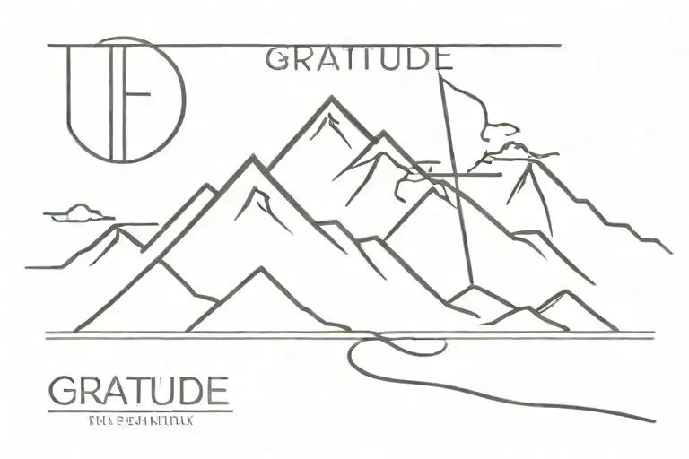 mountains with the word Gratitude under it and a cross on the T tattoo design idea