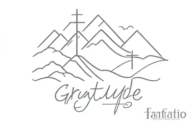 Fine line tattoo of mountains with the word gratitude under it and a cross  tattoo design idea