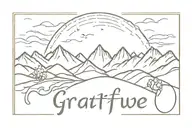 Delicate and small Fine line tattoo of mountains with the word gratitude under it and a cross  tattoo design idea