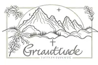 Delicate and small Fine line tattoo of mountains with the word gratitude under it and a cross  tattoo design idea