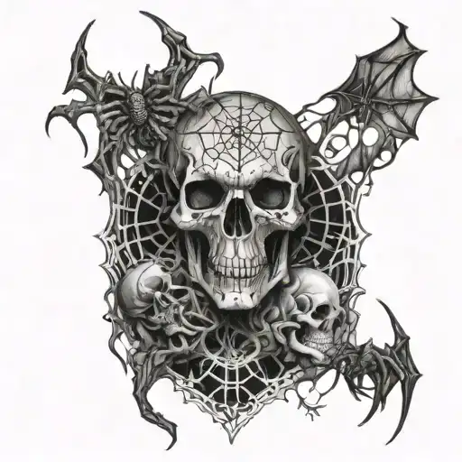 A dark and intricate design featuring a demonic figure intertwined with spider webs and skulls tattoo design idea