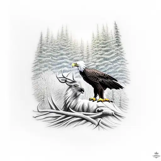eagle and a deer in a forest  tattoo design idea