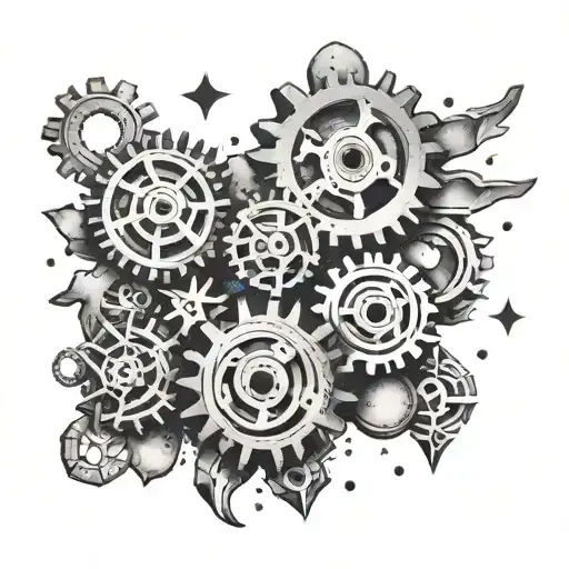 A black and grey tattoo of mechanical gears and love hearts with sparkle stars scattered around tattoo design idea