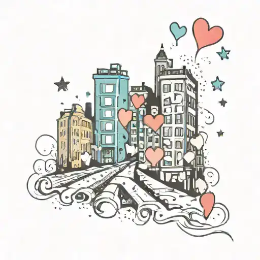 A graffiti-inspired tattoo of a city street with love hearts and sparkle stars hidden in the background tattoo design idea