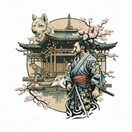 Japanese temple, samurai with wolf reflection, cherry blossom, butterflies  tattoo design idea