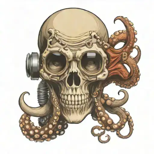 skull wearing a scuba, diving mask and octopus tentacles coming out of the eye socket tattoo design idea