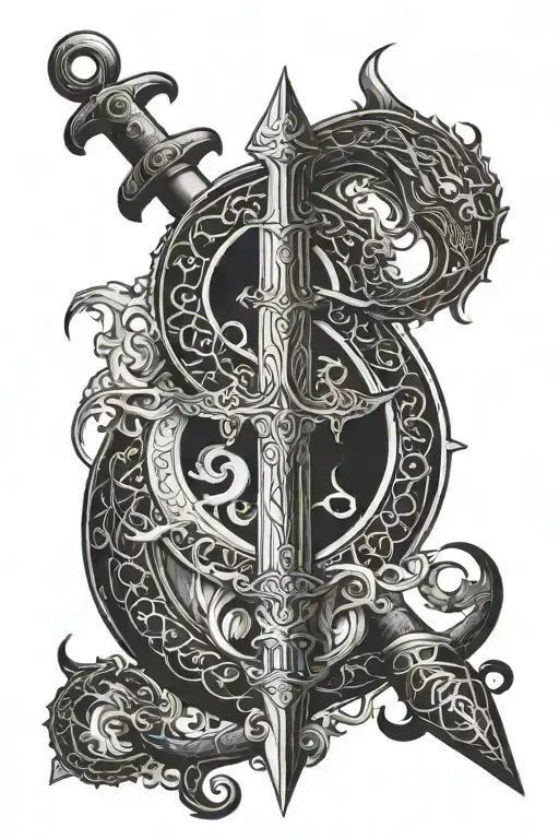 A gothic excalibur with a hiltcombining Hecate,Ouroboros and Ying Yang patterns  tattoo design idea