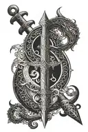 A gothic excalibur with a hiltcombining Hecate,Ouroboros and Ying Yang patterns  tattoo design idea