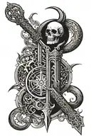 A gothic excalibur with a hiltcombining Hecate,Ouroboros and Ying Yang patterns  tattoo design idea