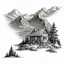 A mountain landscape with a trail leading to a book-shaped cabin in black-grey style tattoo design idea