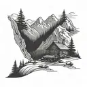 A mountain landscape with a trail leading to a book-shaped cabin in black-grey style tattoo design idea