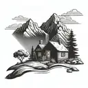 A mountain landscape with a trail leading to a book-shaped cabin in black-grey style tattoo design idea