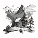 A mountain landscape with a trail leading to a book-shaped cabin in black-grey style tattoo design idea