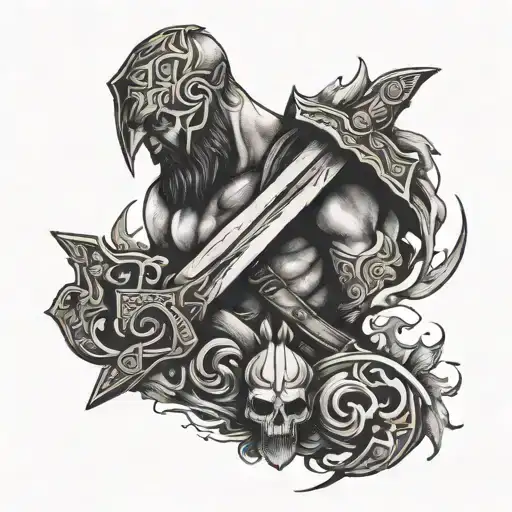Scandinavian men's tattoo with runes, ax and blades of Kratos tattoo design idea