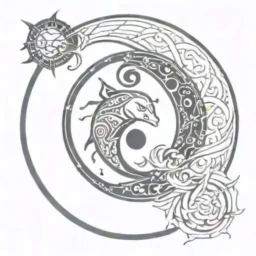 pisces yin yang with sun and moon tattoo design idea