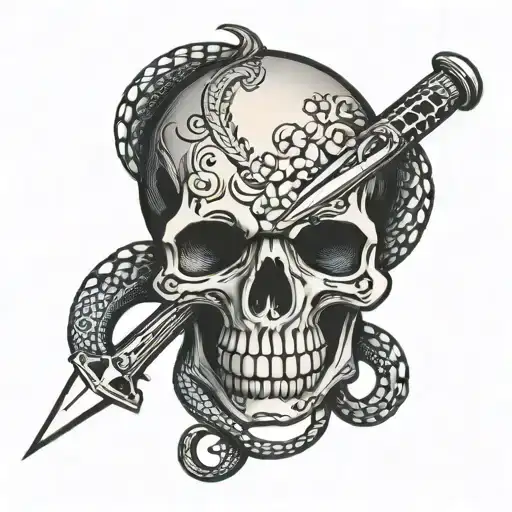 1950s skull snake dagger tattoo design idea